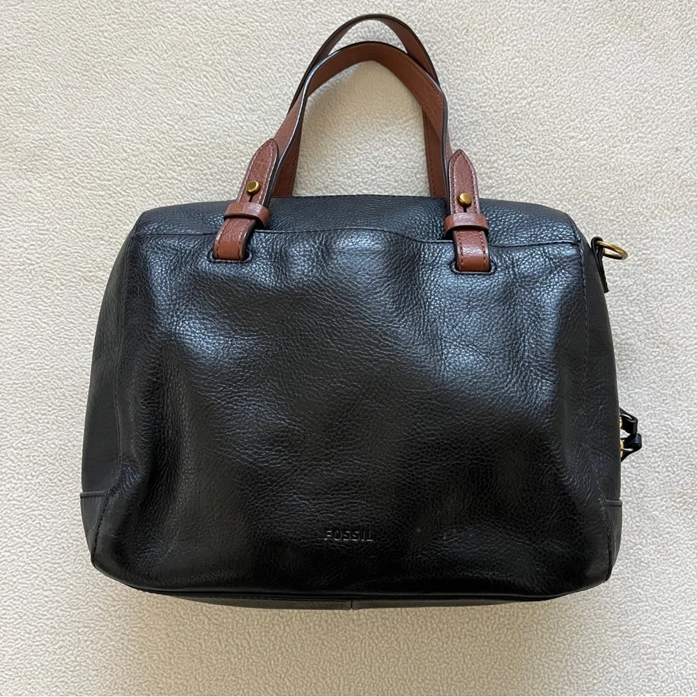 Fossil Black Brown Rachel Small Leather Satchel Purse Handbag Classic - no strap